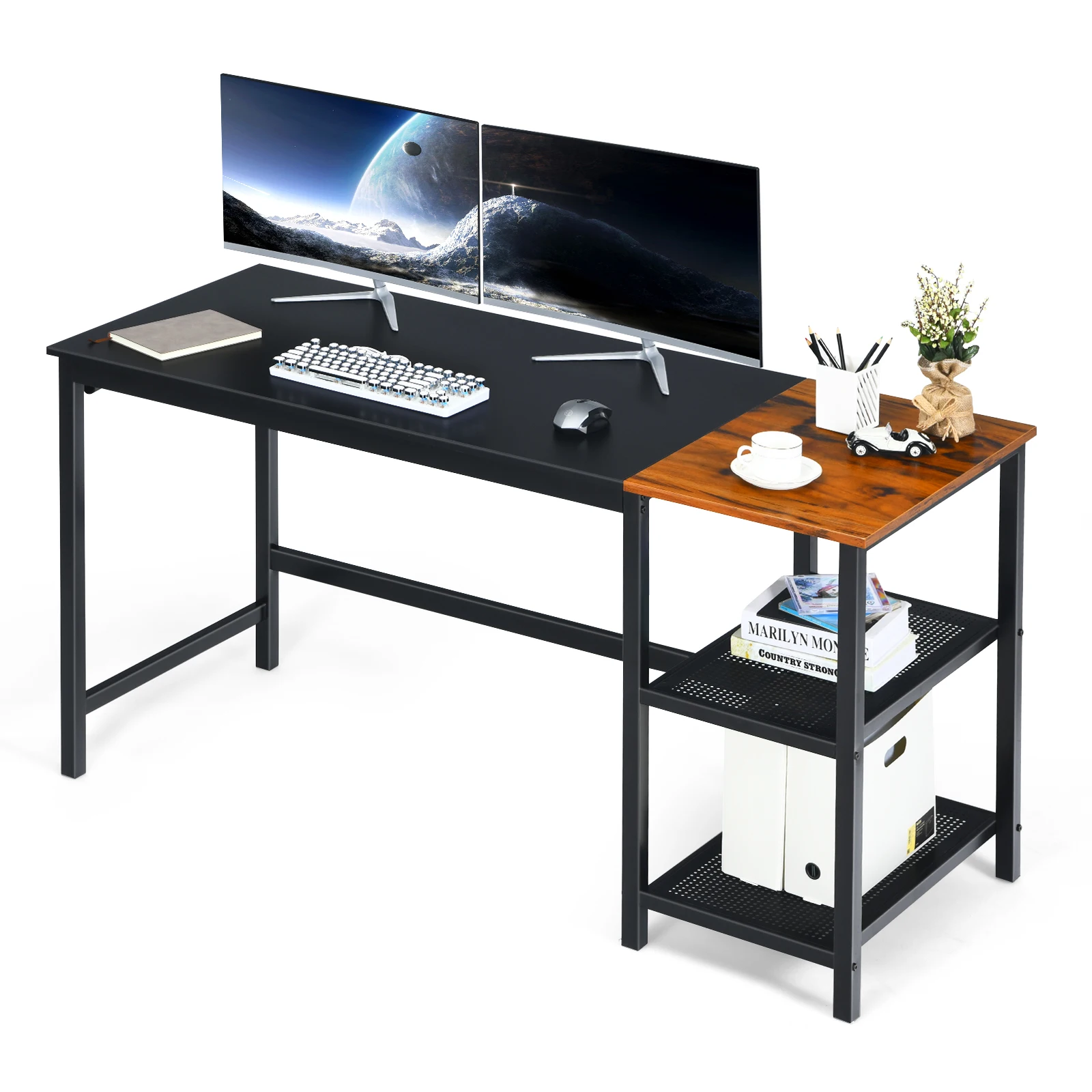 Computer table 150cm desk with removable storage compartments industrial laptop desk with headphones hook steel