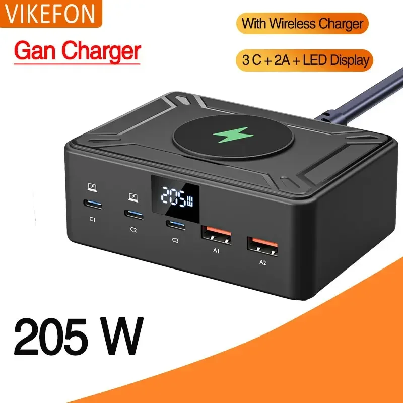 VIKEFON 205W GaN Charger Digital Display Desktop USB Type C Charger PD 100W PPS 45W QC4.0 Fast Charging For Laptop Tablet Phone