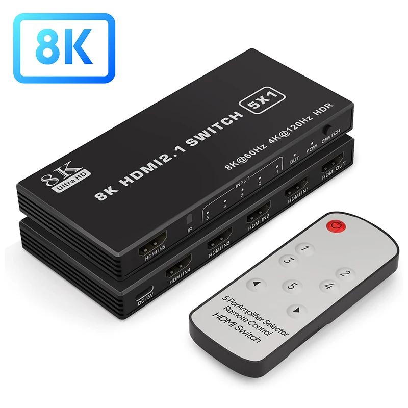 5-Port 8K@60Hz HDMI Switch 5x1 4K@120Hz HDMI 2.1 Switcher Selector 5 in 1 out Support 48gbps HDR10 HDCP 2.3 for Xbox PS4 PC TV