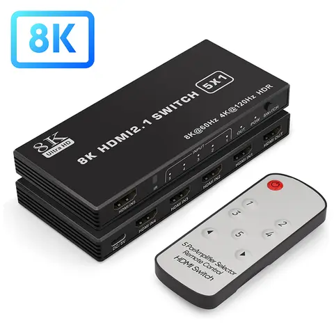 5-Port 8K@60Hz HDMI Switch 5x1 4K@120Hz HDMI 2.1 Switcher Selector 5 in 1 out Support 48gbps HDR10 HDCP 2.3 for Xbox PS4 PC TV