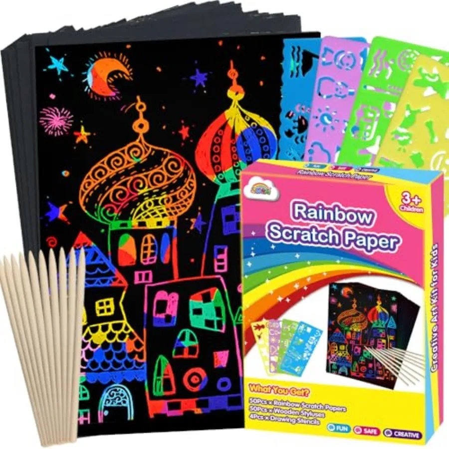 100PCS Rainbow Scratch Paper Art Gifts, Arts and Crafts for Toys