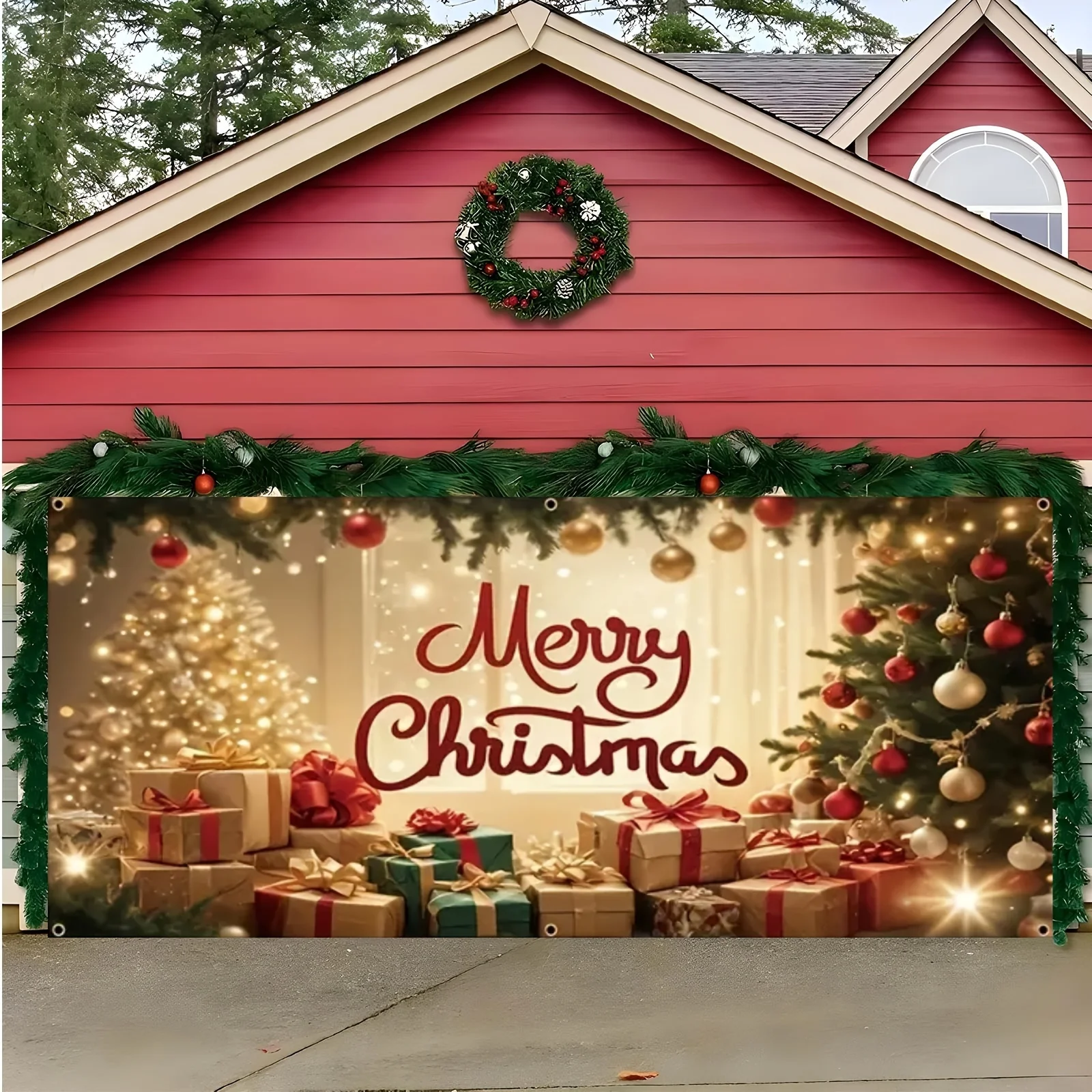 1 funda navideña de gran tamaño para puerta de garaje, fondo navideño, con árbol de Navidad, regalos y luces.