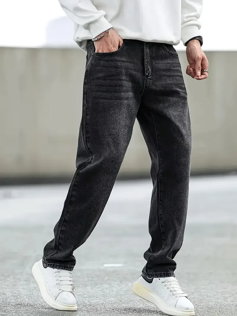 

[Неэластичный джинс] Мужские классические черные джинсы | Обычная посадка | Смесь хлопка/полиэстера | Неэластичный джинс | Уличный стиль | All-Se