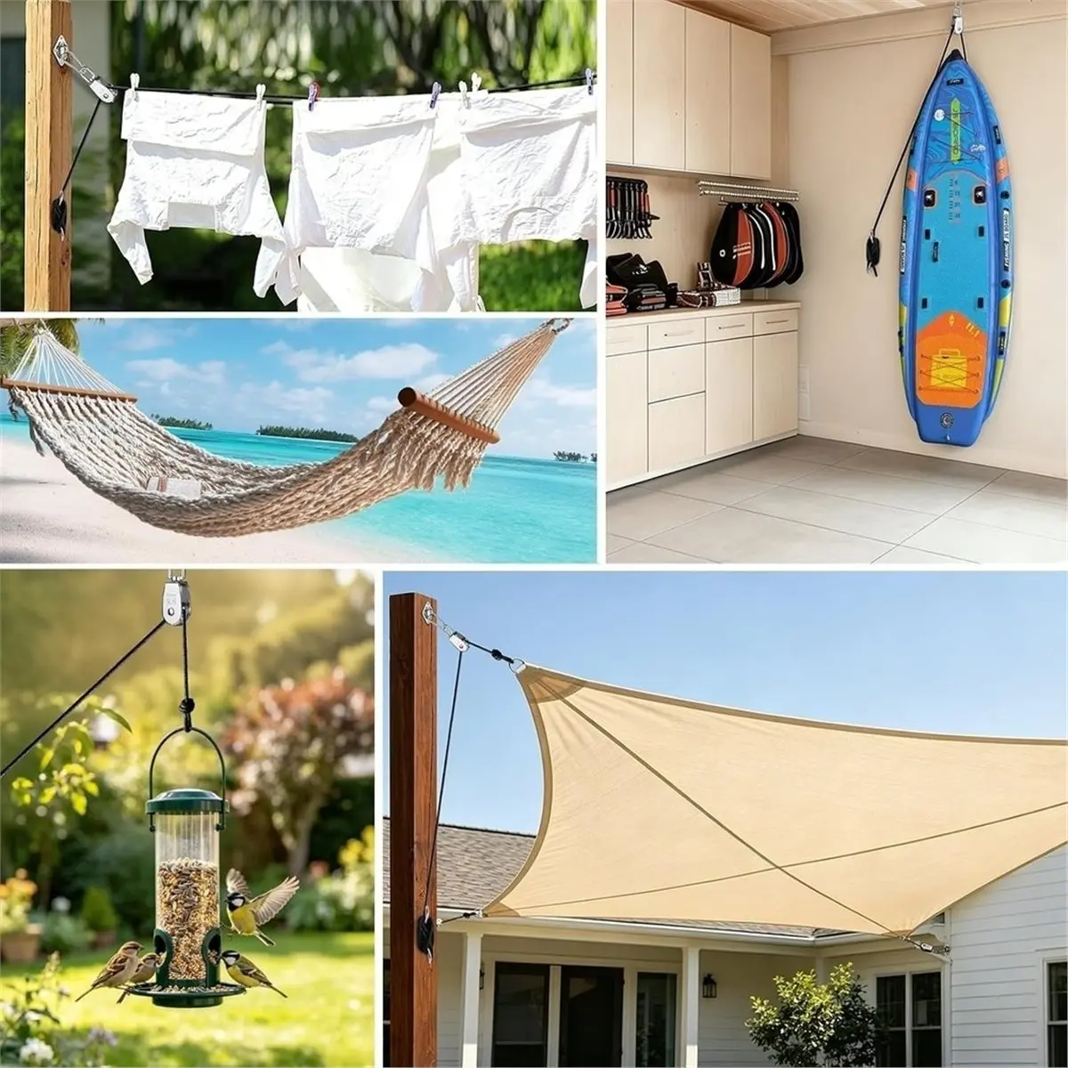 M25 Stainless Steel Pulley System Kit,Pulley Block Nylon Rope Eye Pad Plate and Hooks for Sun Shade Sail, Clothesline