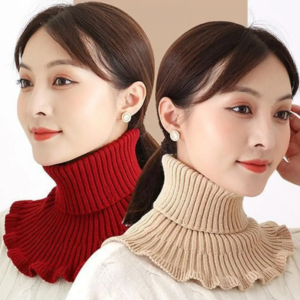 Winter Scarf Thick Knit Scarf Ribbed Texture Ruffle Trim Fake Scarf for Women High Collar Knitting Collar Autumn Winter