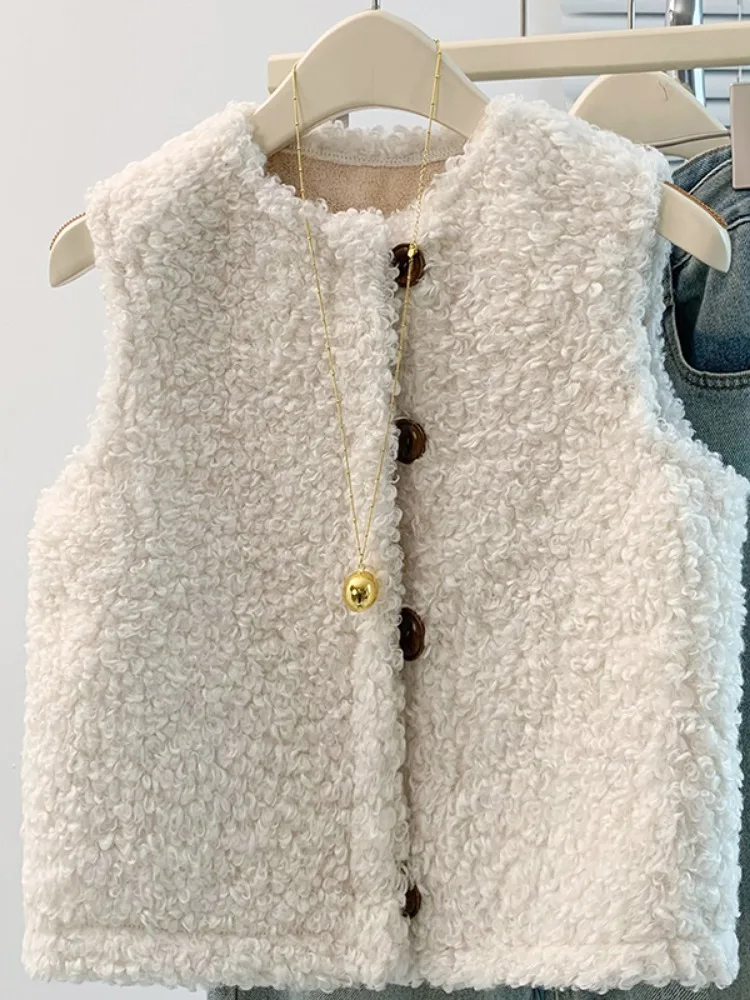 Japanese Style Young Particle Sense Lamb Fur Vest Women's Autumn Winter Outerwear Shoulder Pad Jacket Warm Comfortable Casual