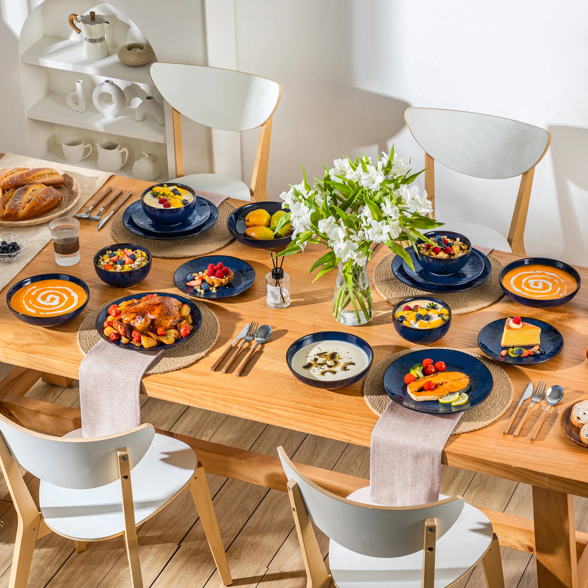 MALACASA LYDIA 16/32 Piece Blue Stoneware Plates Dinner Set Embossment Dinnerware with 6pcs Dinner plate/Dessert/Soup/Bowl - view 5