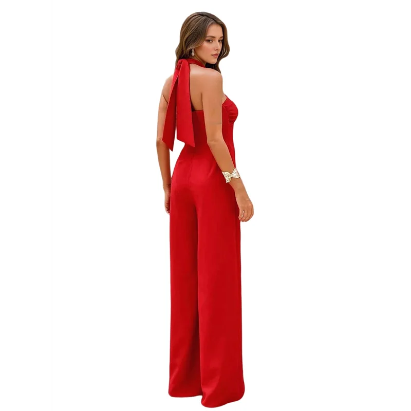 Macacão maxi feminino A09P com gola halter cruzada e perna reta