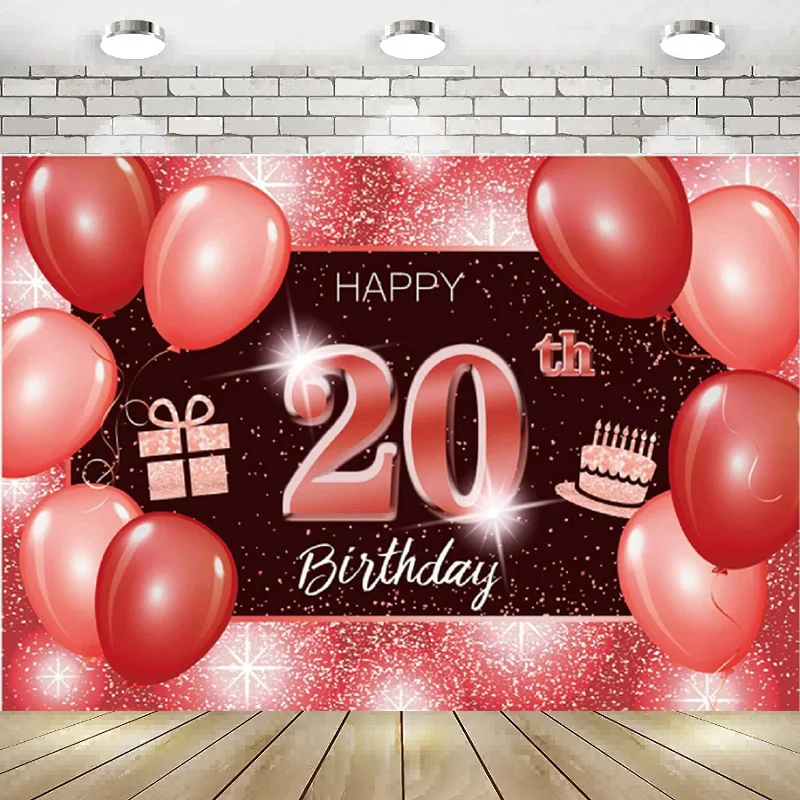 

Happy 20th Birthday Photography Backdrop Banner Decor Red Glitter Balloons Party Theme Decor Background Party Princess Prince