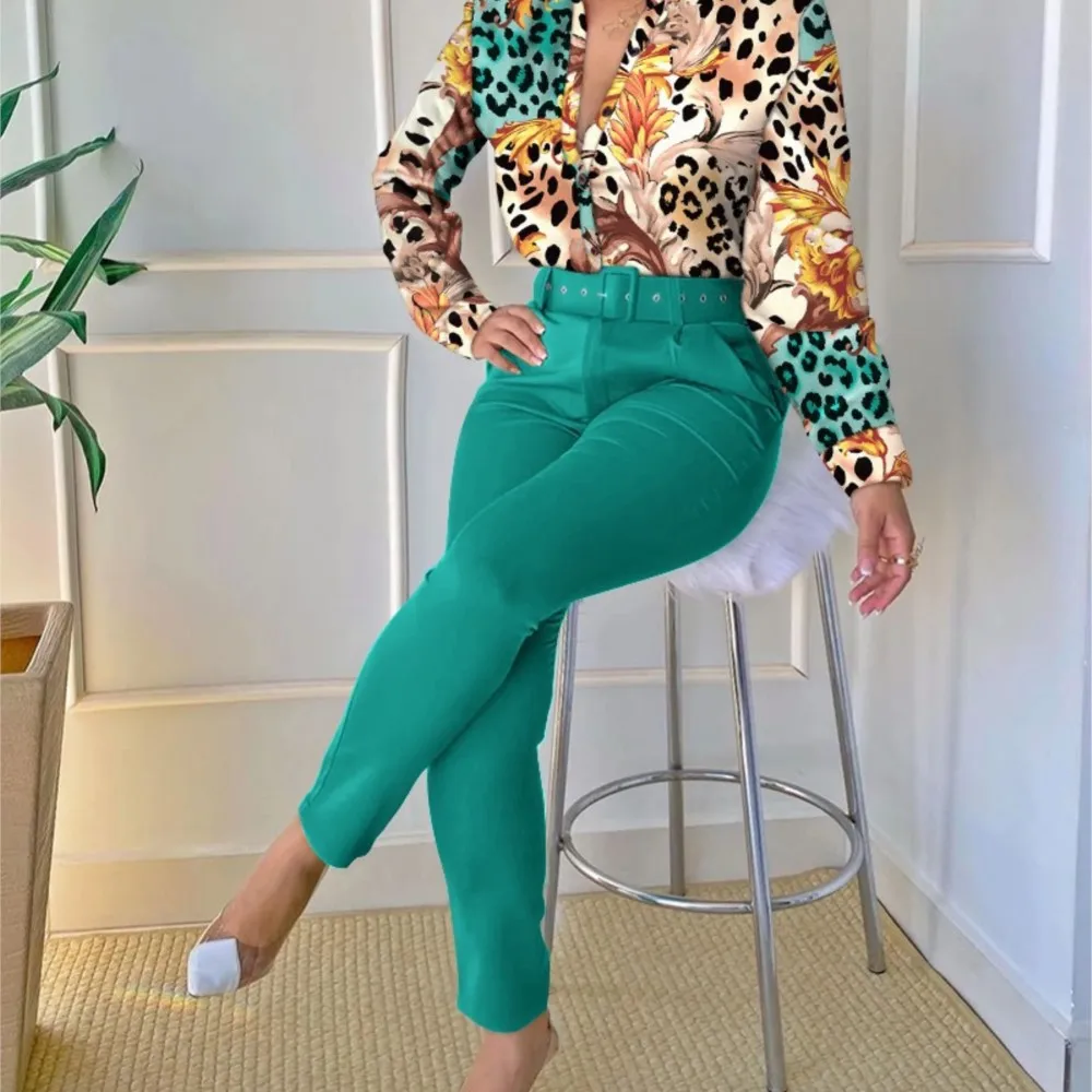 Elegant Two Piece Sets Womens Outifits Vintage Officee Lady Baroque Print Button Long Sleeve Top & Work Pants Set With Belt