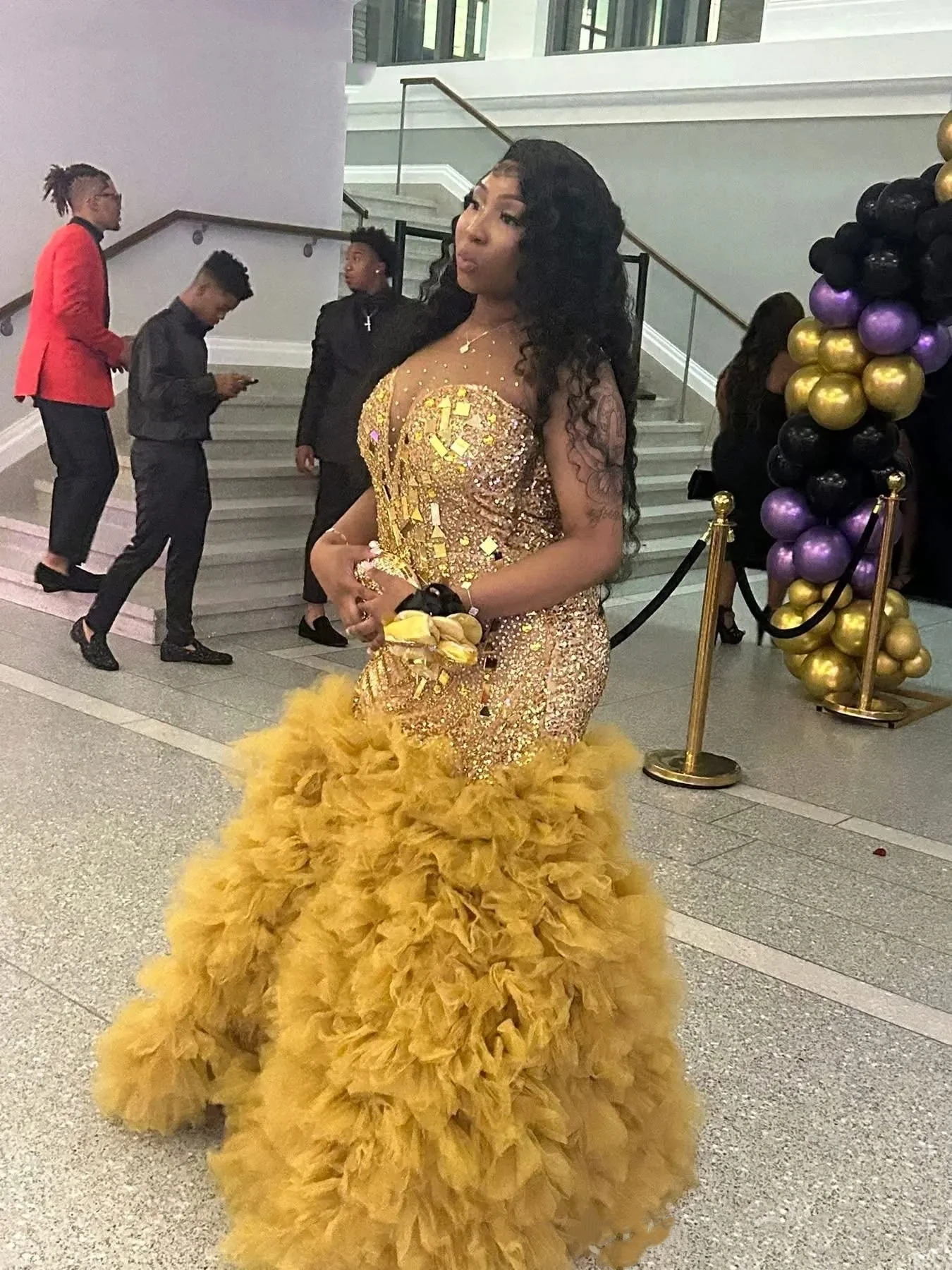 Sparkling Golden Mermaid Crystal Glitter Ball Dress Sexy V-neck African Formal Wedding Celebrity Birthday Party Dress Customized - view 2