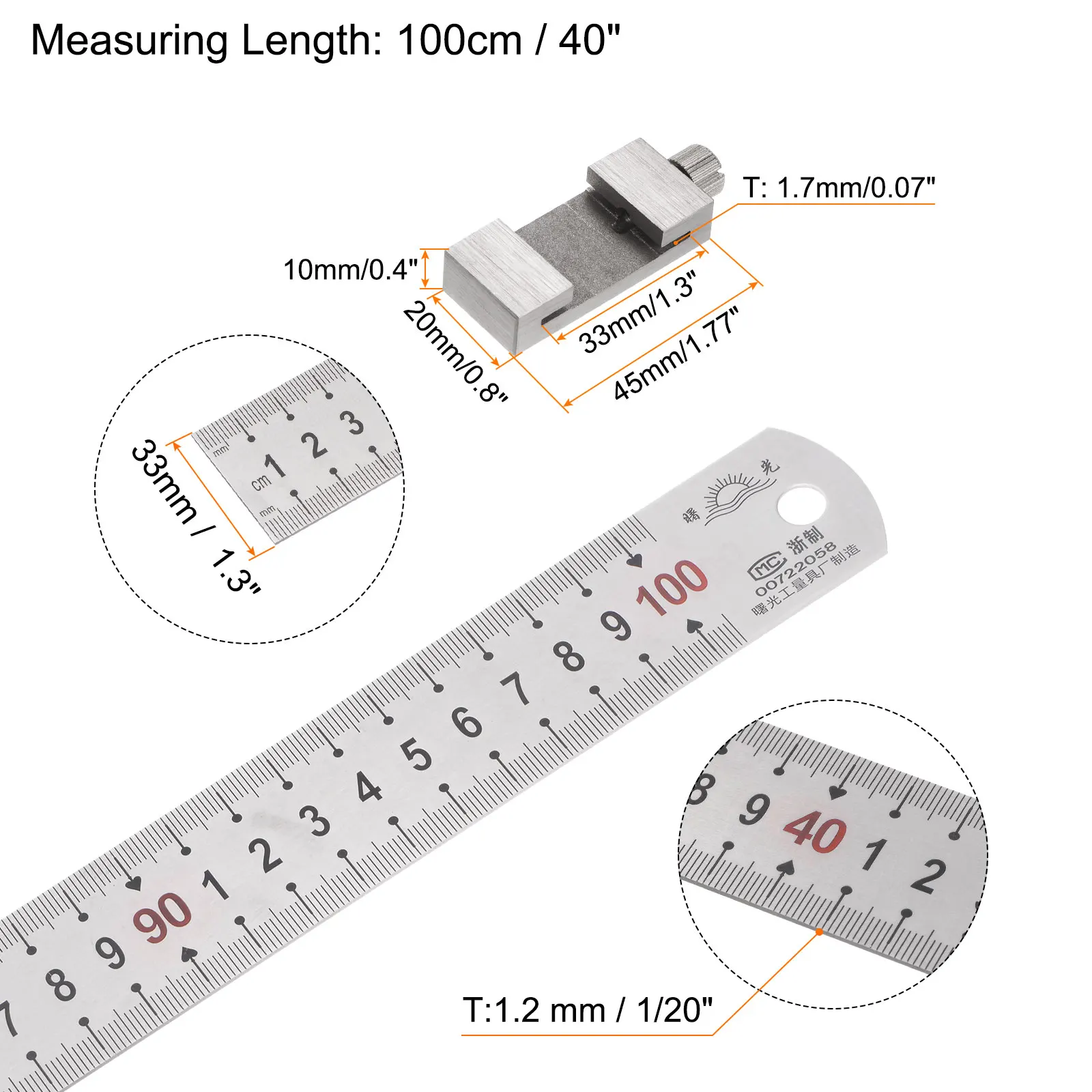 2in1 Stainless Steel Ruler with Scriber Block 100cm/40" Metric and Inch Metal Ruler with 33mm Long Brass Locating Vernier Slider