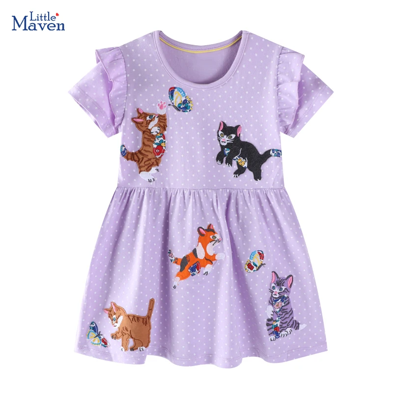 Little maven Children's Clothing Baby Girls 2025 Summer Kids Clothes Cotton Embroidered Cartoon Cats Dresses Holiday Gifts