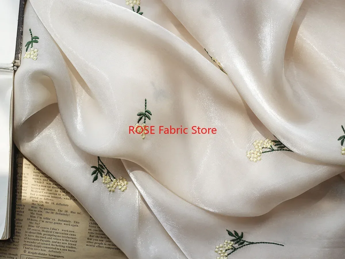 Bright Silk Satin Embroidered Dandelion Fabric For Wedding Dress Spring And Summer Dress Shirt Designer Fabric