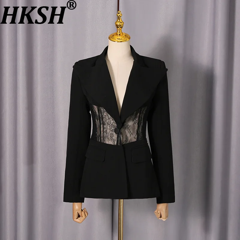 

HKSH Spring Autumn New Women Blazer Lace Patchwork Waist Cinching Slim Fit Single Button High-End Elegant Fashion Jacket HK16732