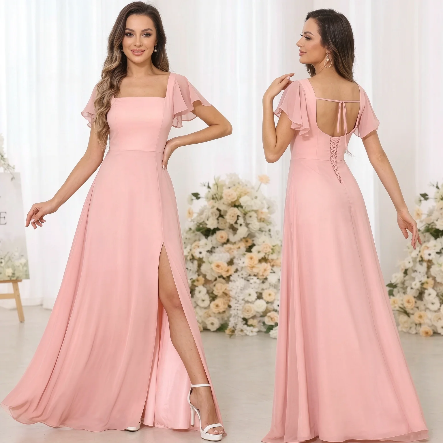 Customise Slit Simple A Line Chiffon Short Sleeve Off Shoulder Evening Bridesmaid Dresses Wedding Party Formal Prom Lace Up Back