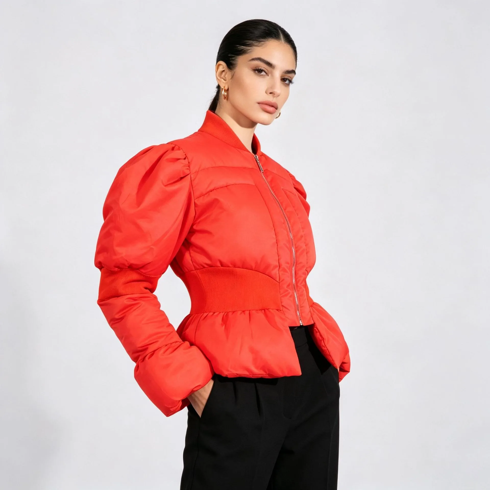Casual Long Sleeve Coat with Waist Cinched European and American Style Women Autumn Jacket Puff Sleeve Patchwork Regular Length