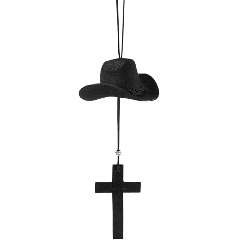 ABUL-Cowboy Hat Cross Car Charm, Wooden Cross Car Rear View Mirror Hanging, Felt Hat Country Pendant Hanger For Car,Decor A