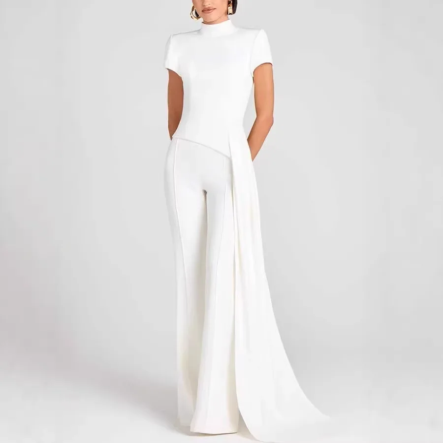 

STYLISH LADY White 2 Piece Formal Outfit 2026 Women High Neck Cap Sleeve Top and Wide Leg Pants Set With Train Elegant Prom