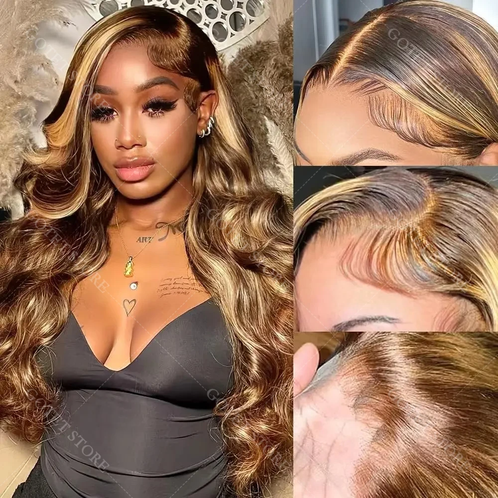Pelucas delanteras de encaje ondulado P4/27, cabello humano ombré resaltado 13x4, rubio miel, pelucas sin pegamento de encaje transparente HD prearrancadas
