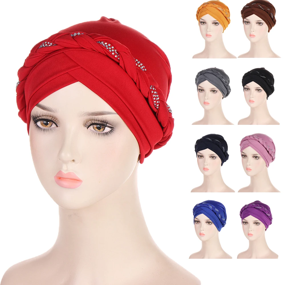 

Diamonds Indian Muslim Women Hijab Turban Braid Bonnet Chemo Caps Inner Cancer Head Wrap Scarf Beanies Hat Hair Loss Cover Mujer