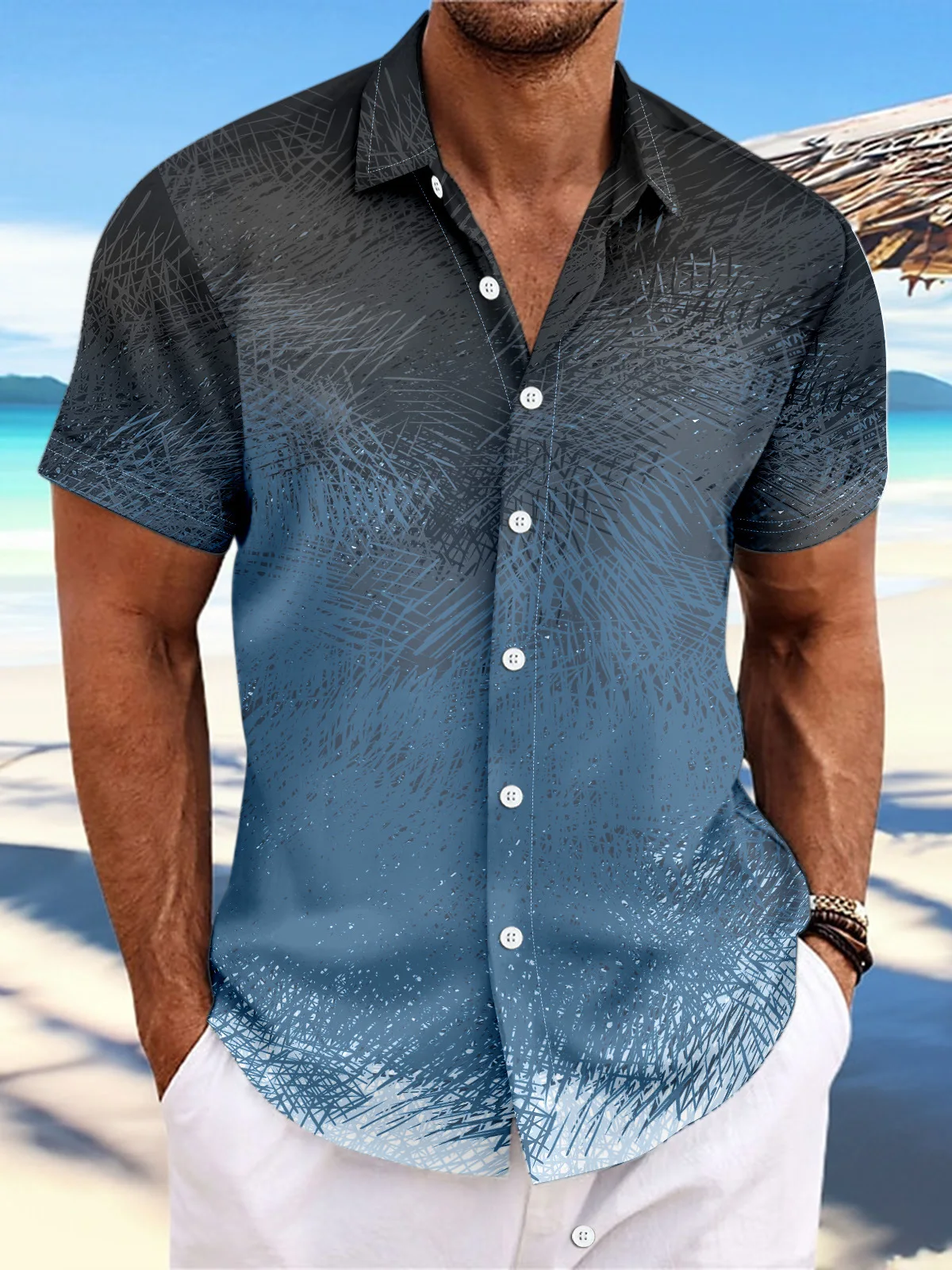 

Men's Casual Printed ort Sve irt Summer adient Color Flip Collar Breathable Polyester Youth Faion Top Outdoor Wear