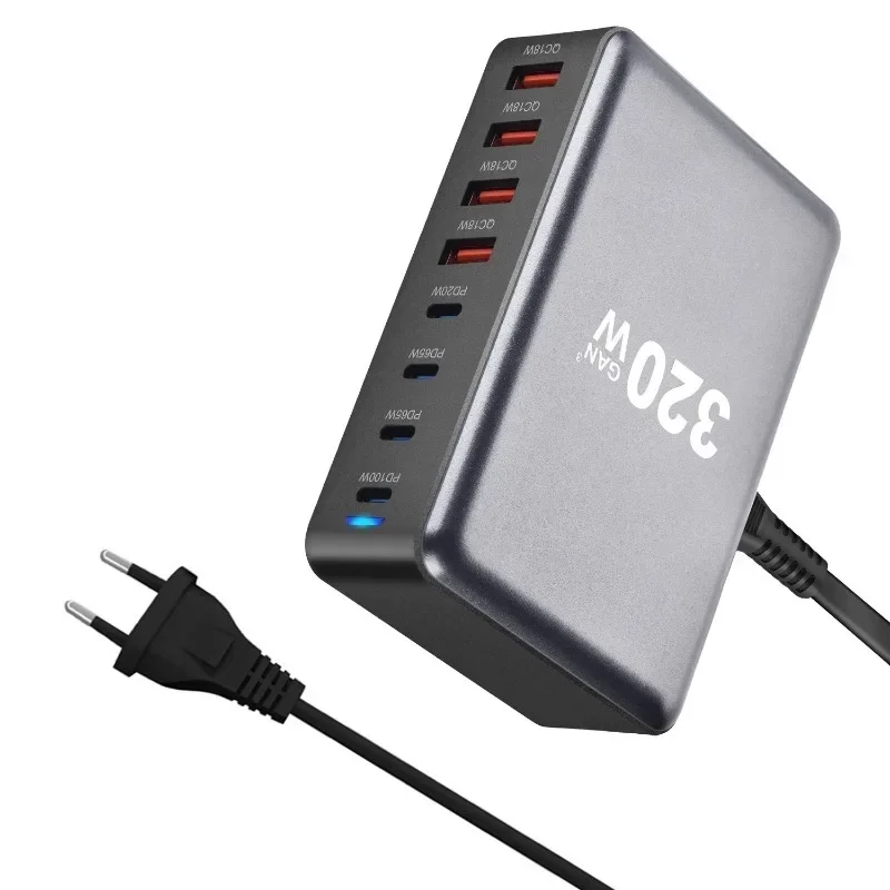 320W GaN Desktop Charger 8-port USB Type C PD Fast Charge 3.0 USB Type C Fast Mobile USB