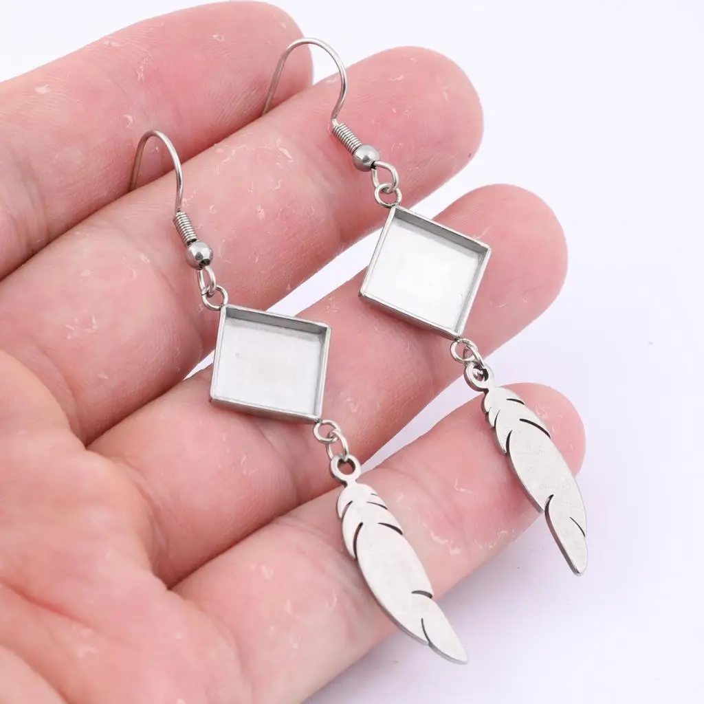 10pcs Stainless Steel Feather Charm Earring Base Blanks Dangles 10mm Square Cabochon Bezel Setting Trays Diy Ear Hooks Findings