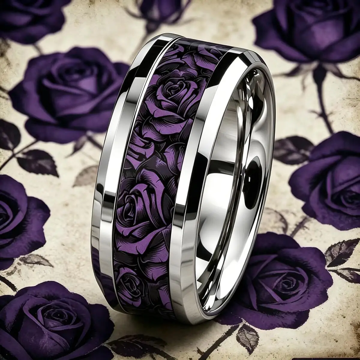 Romance Women Men Stainless Steel Ring Dark Purple Black Rose Flower Pattern Ring Gothic Floral Statement Wedding Band Jewelry