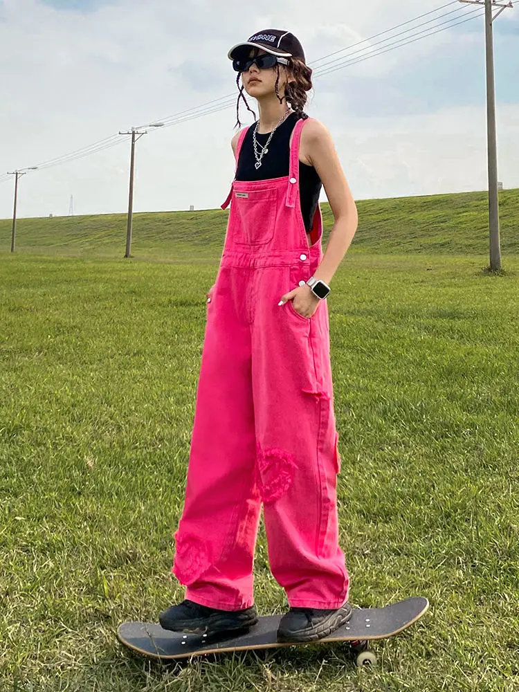 

Pink Denim Overalls Women's Spring Autumn 2024 New Small plus Size Design Sense Wide Leg Pants High Waist Loose Fit