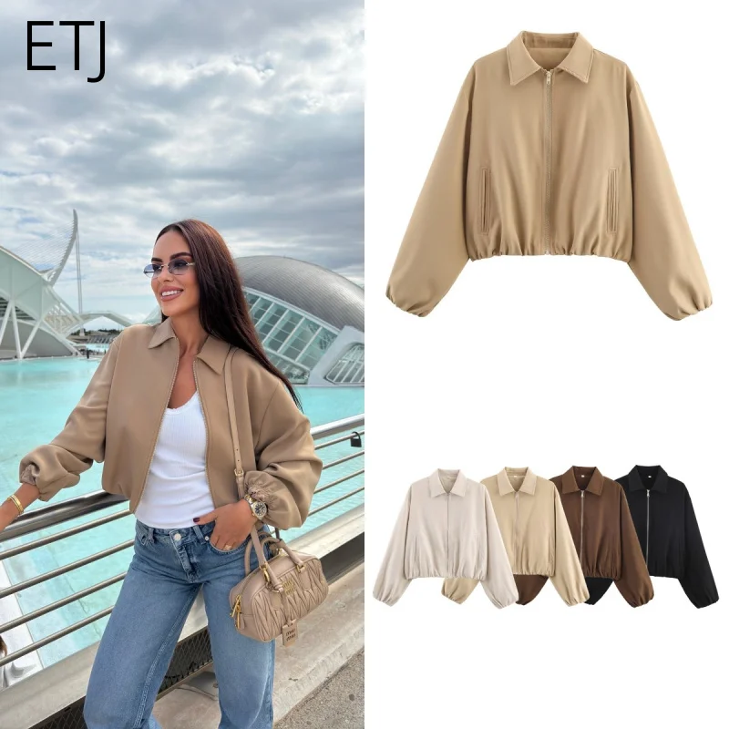

ETJ's new Spring 2026 women's collection features a simple solid-color pocket decoration zipper puffy sleeve lapel jacket
