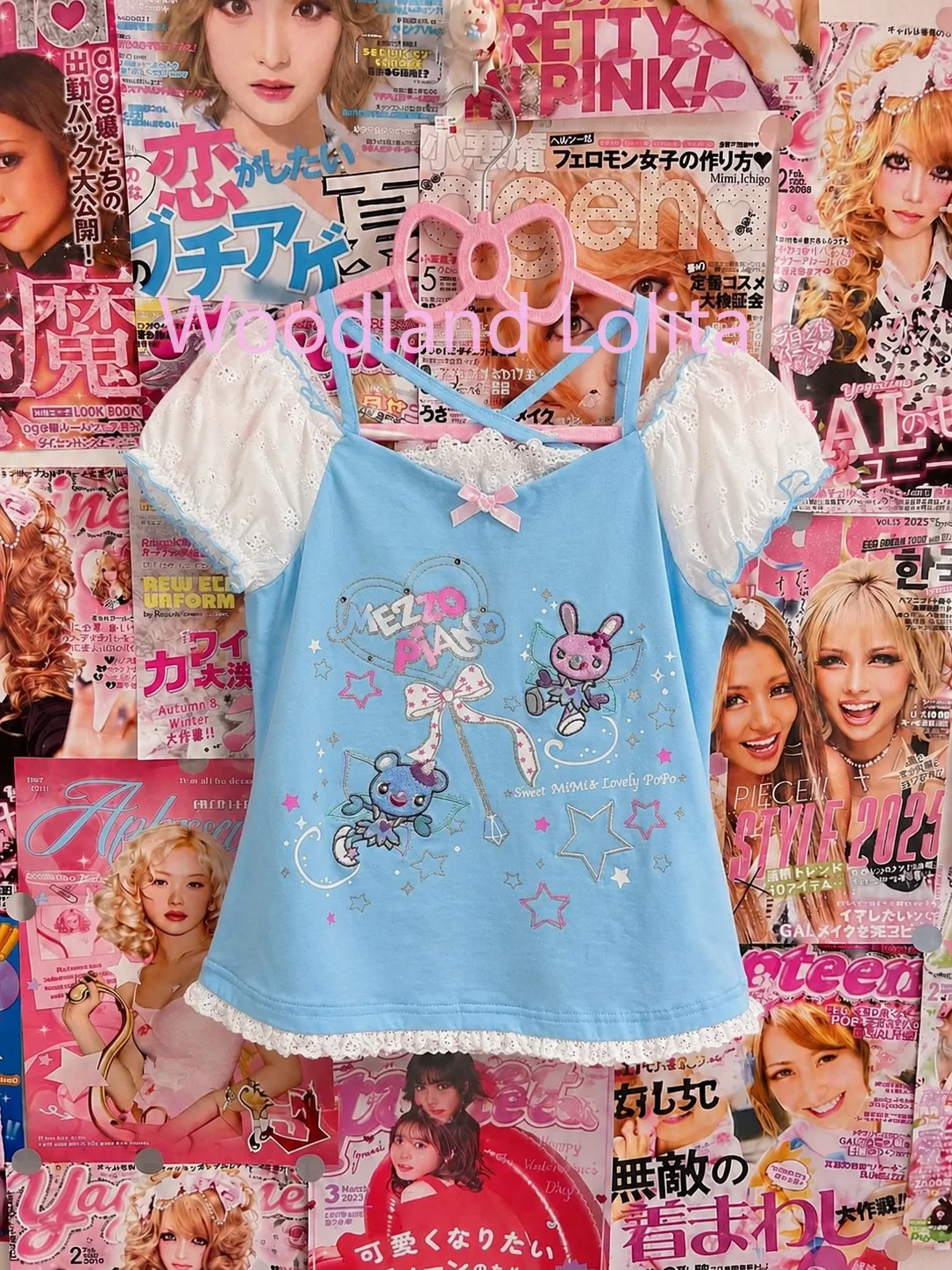 Japanese Cartoon Embroidery Kawaii Cute Tshirts Y2k Aesthetic Lace Patchwork Sweet Bow Tops Grunge Women Puff Sleeve T-shirt