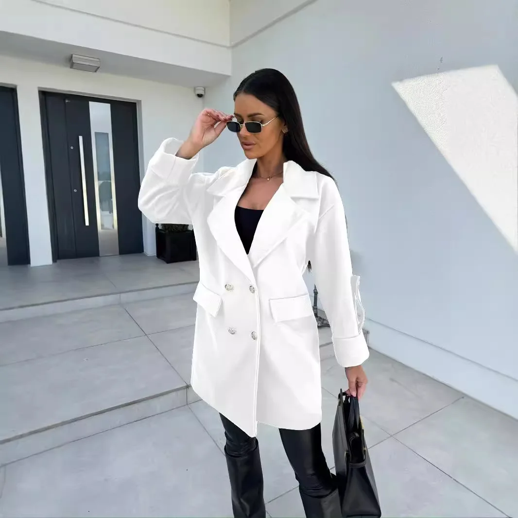 Women's  Double-Breasted Wool Coat with Notched Lapel and Decorative Buttons - Chic Loose Fit Mid-Length Outerwear for Fall/Wint