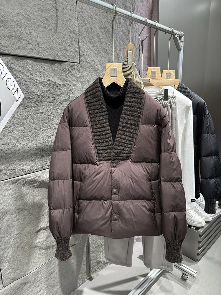 

Ele Patchwork Knitted 90 White Du down Men's Jaet Qui Windproof V-ne Button Decoration Regular Fit Outerwear