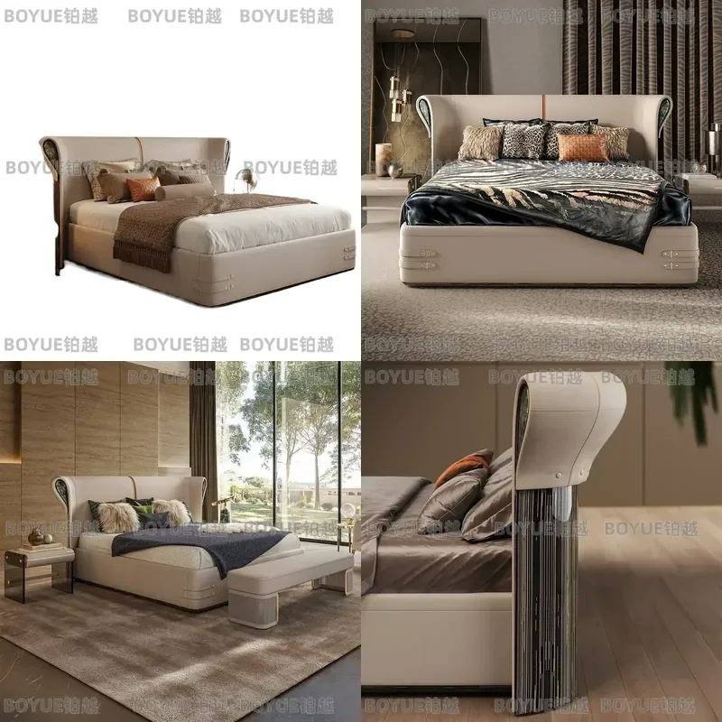 Modern Italian Luxury Leather Bed Large Platform Frame for Master Bedroom Villa Wide Headboard High End Furniture