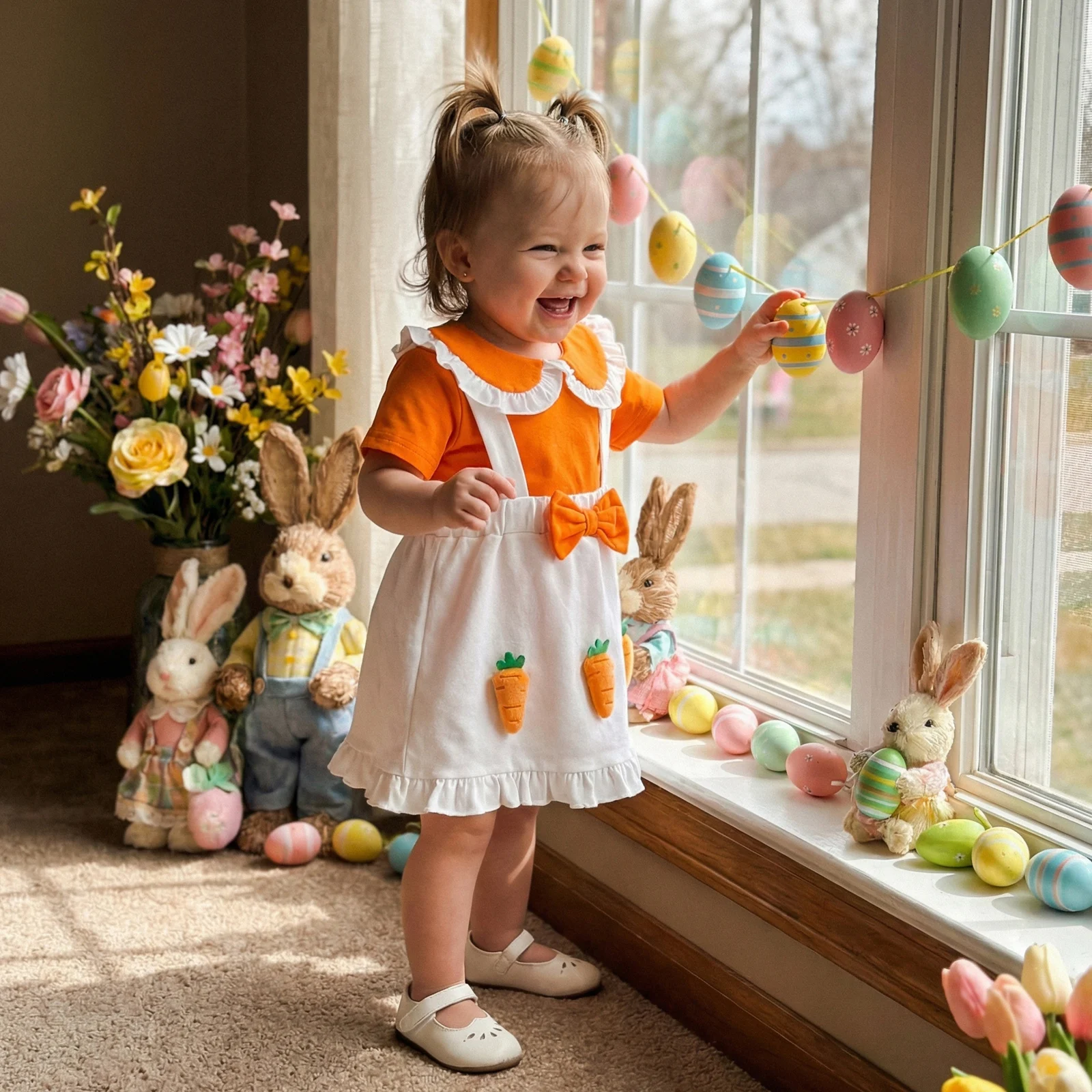 2Pcs Infant Girl Easter Outfit Short Sleeve Doll Collar T shirt Tops 3D Stuffed Carrot Decor Suspender Skirt Set Easter Costume