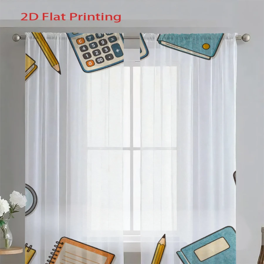 2PCS Digital Print Sheer Curtain, Cartoon Calculator, Vintage Floral Window Curtains for Living Room Bedroom Home Decor