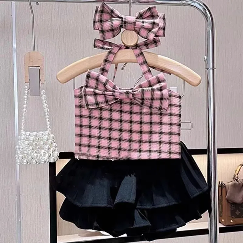 Girls' Set Plaid Bowknot Top with Cake Skirt2025Summer New Foreign Trade Children's Wear Delivery3-8Years Old