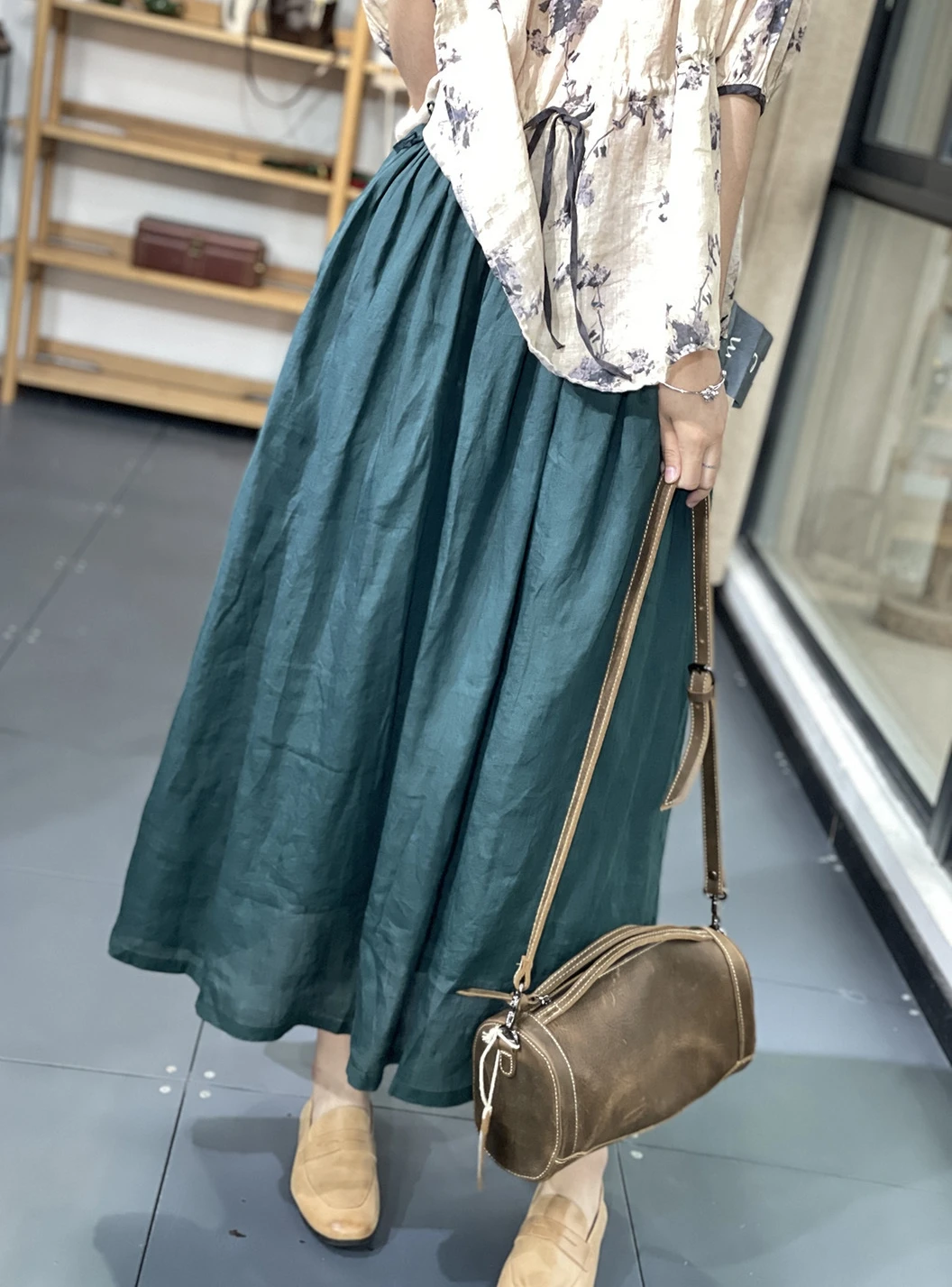 Gonna Estiva a Vita Alta in Cotone a Doppio Strato, Linea A, Plissettata, Midi, Snellente, per Donne Taglie Forti, Tinta Unita per il Lavoro