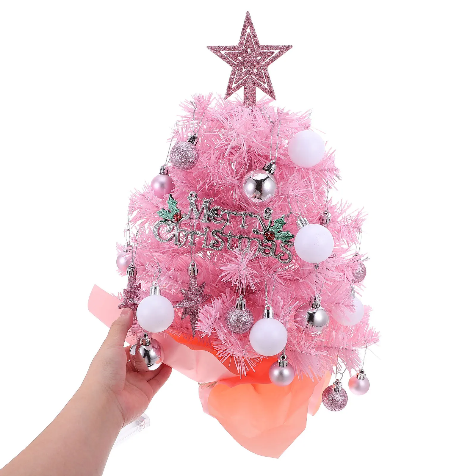 

Mini Tabletop Christmas Tree Pink Artificial Prelit Star Topper Ball Ornaments Holiday Indoor Decor Tabletop Tree