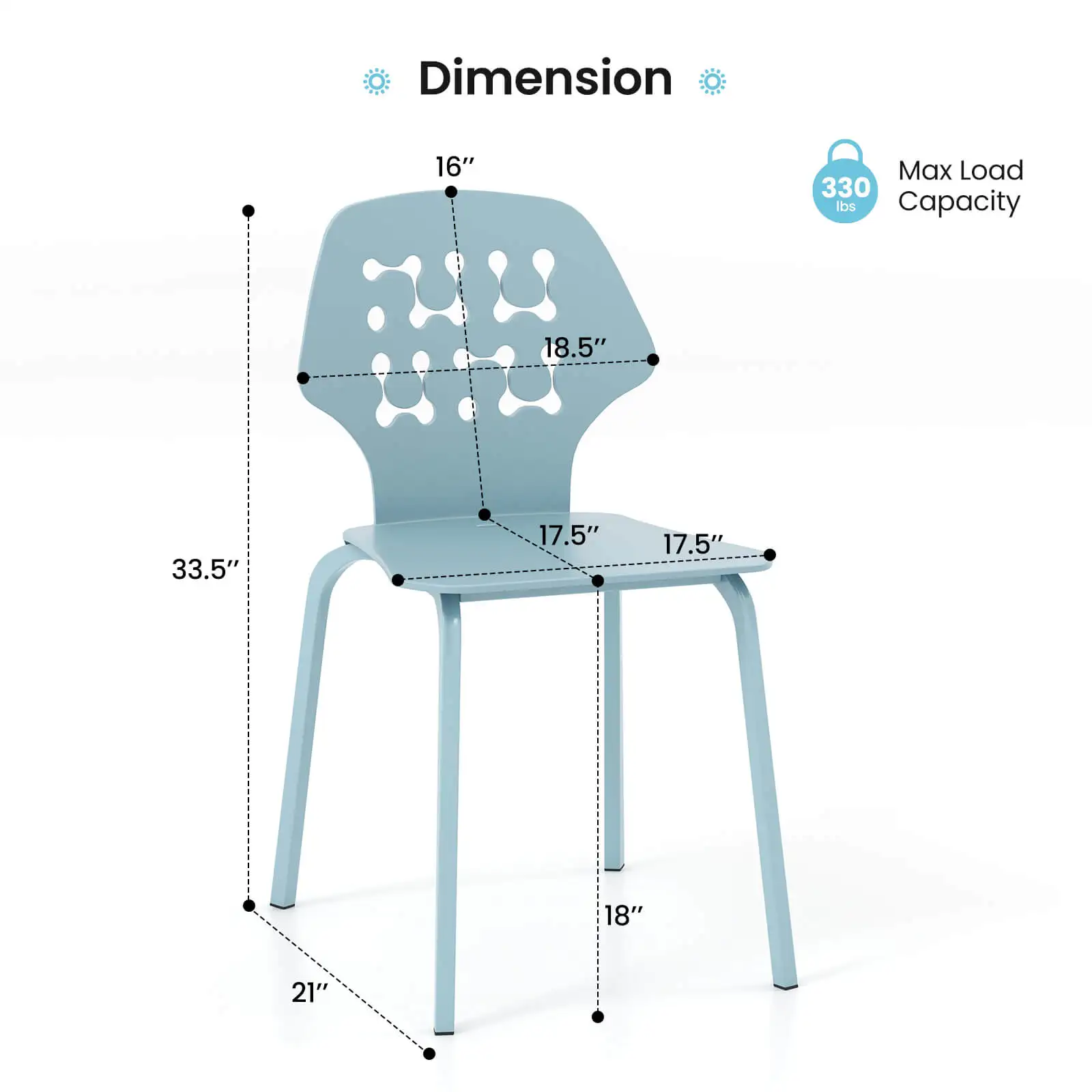 Metal Dining Chair Set of 4 Armless Kitchen Hollowed Backrest & Metal Legs Blue