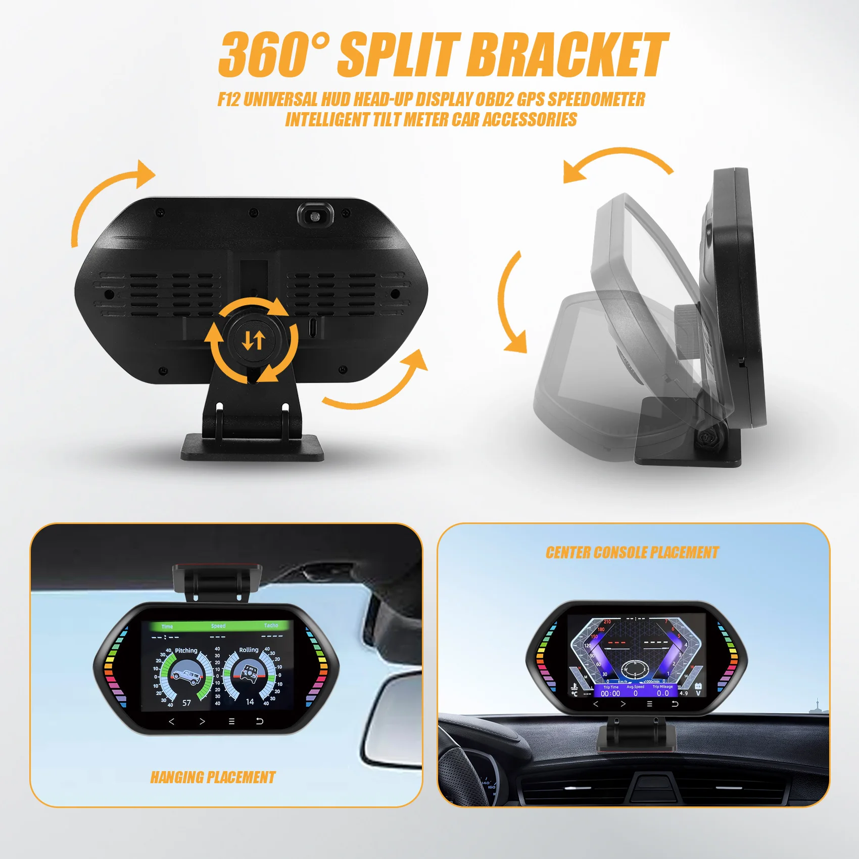 จอแสดงผลบนกระจกหน้ารถ (HUD) รุ่น Stable Performance-F12 แบบอเนกประสงค์ รองรับ OBD2 GPS พร้อมมาตรวัดความเร็วและมาตรวัดความเอียงอัจฉริยะ อุปกรณ์เสริมสำหรับรถยนต์