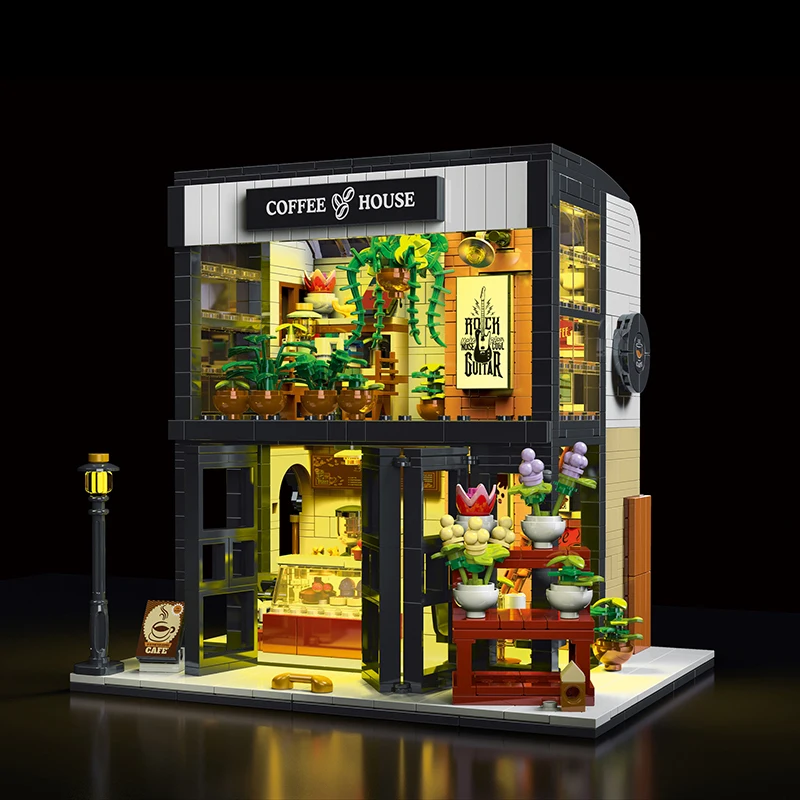 XMork 031066 City Coffee House Model Modular Street View Series DIY Toys Building Blocks Lighting Boys' holiday gifts 1464Pcs