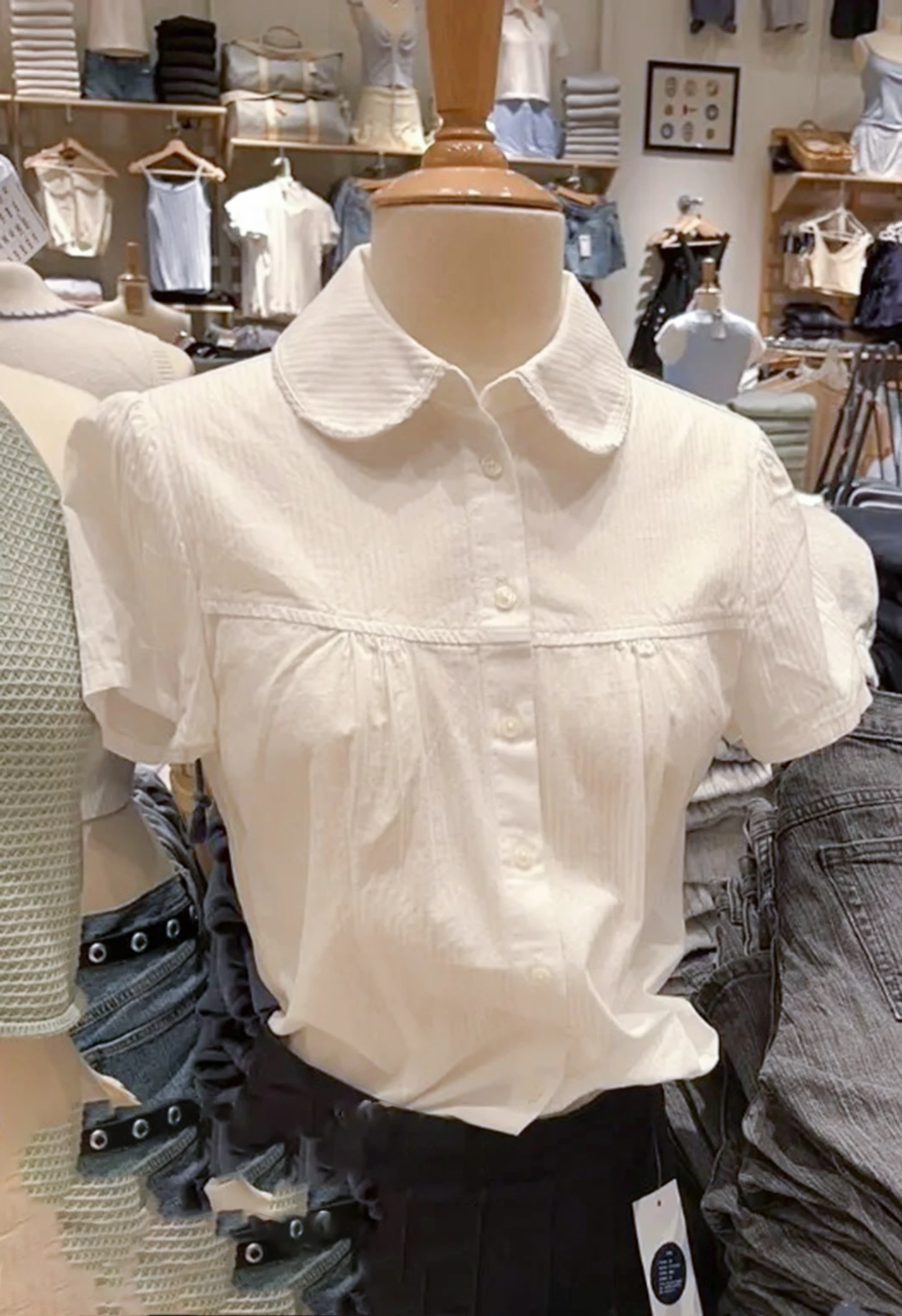 

White Striped Slim Short Sleeve Blouse Women Peter Pan Collar Single Breasted Shirt Top Summer Cotton Preppy Style Sweet T-shirt