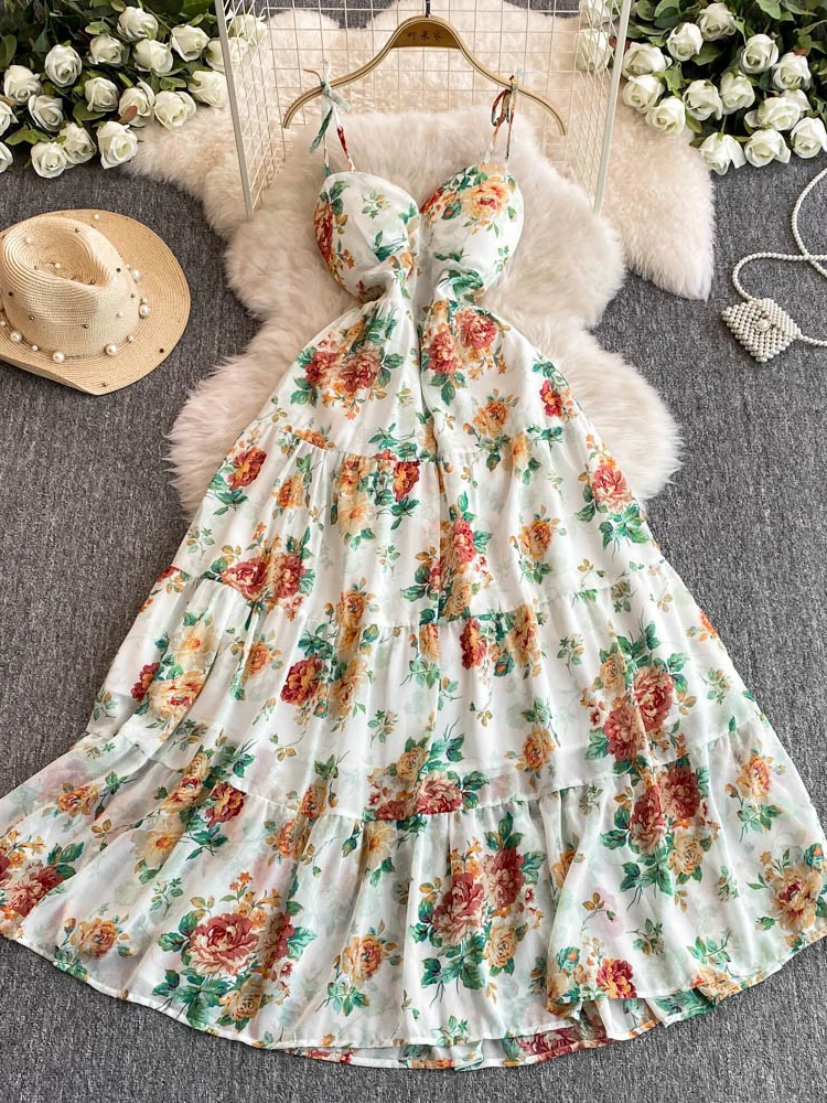 Chic Fashion V-neck Suspender Dress Women's Summer Vacation Wear Ruffle Edge Floral Chiffon Slim Long Dress Boho Beach Party