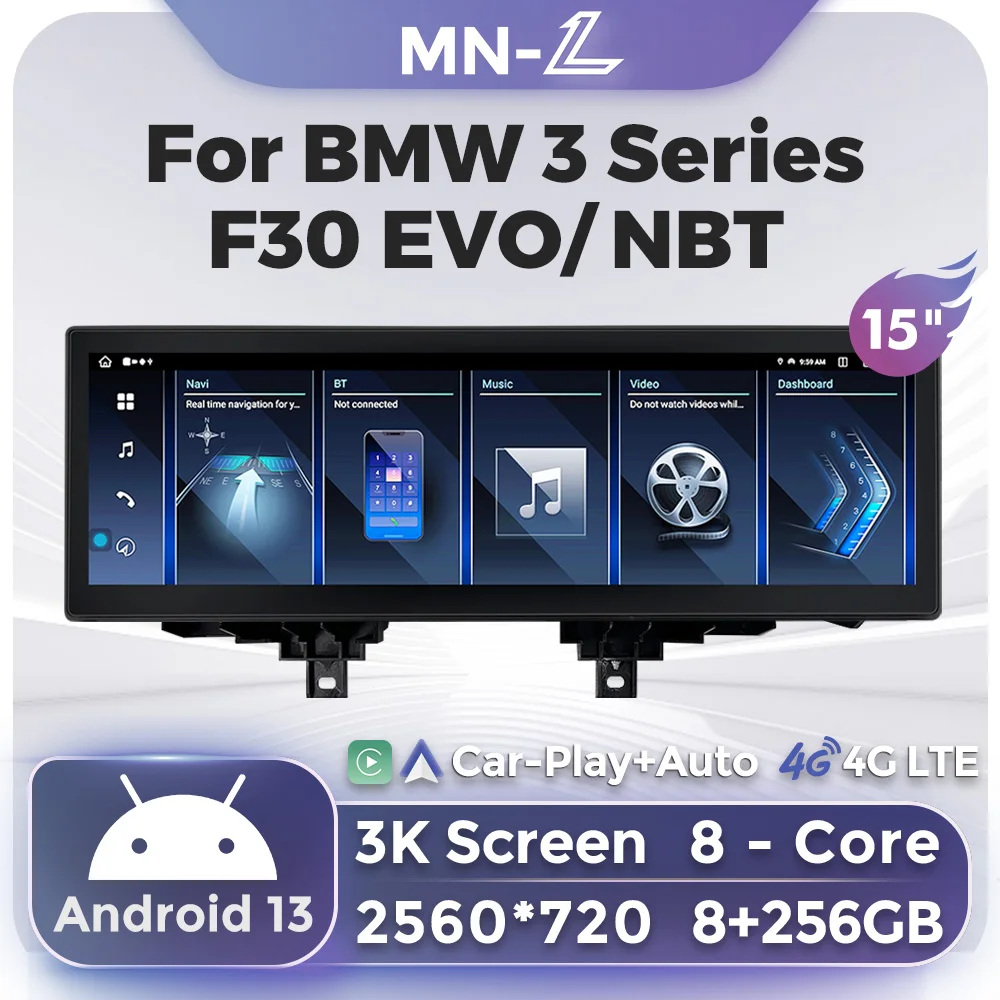 Android 13 256GB Wireless CarPlay Auto ID8 System For BMW 3 / 4 Series F30 F31 F32 F33 F34 F36 15 inch 3K HD Media Video Player