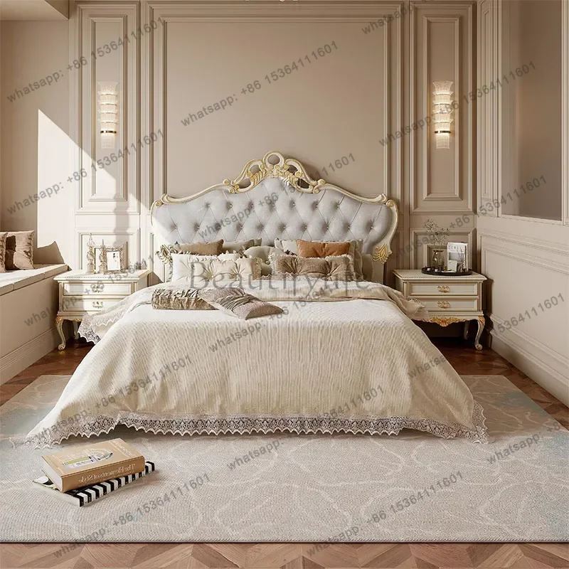 LJY French Light Luxury Bed Solid Wood Design Castle Modern Headboards Princess Bed Sleeping Letto Matrimoniale Unique Furniture
