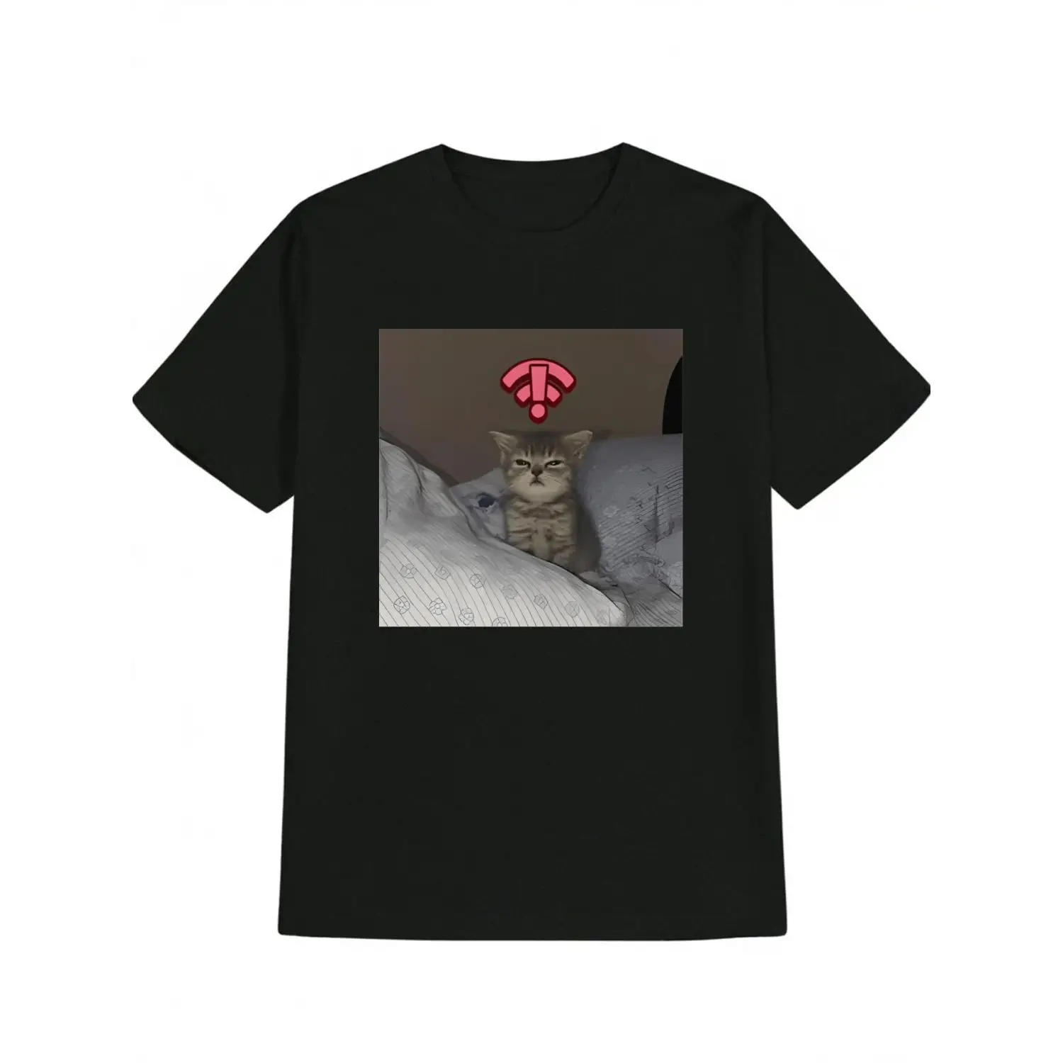 Men Crew Neck Short Sleeve T-Shirt, Cute Gray Kitty Red Wi-Fi Signal Funny Graphic Tee, Lightweight Soft Breathable Machine Washable Casual Top for Geek Tech Cat Lovers, Novelty Gift for Internet Pet Owners