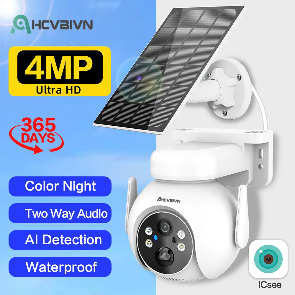 

4MP WiFi Solar Camera Outdoor PTZ IP Camera Bulit-in Recharge Battery Human Detection Security CCTV Surveillance Camera iCsee