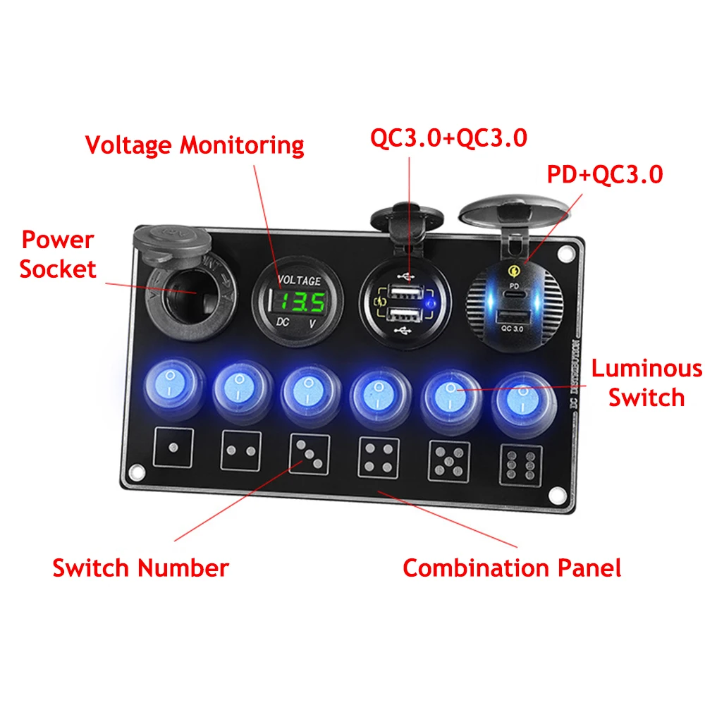 24V 12V 6 Buttons Toggle Switch Panel with Digital Voltage Tester USB Charger QC3.0 Quick Charge Car Power Adapter Boat Caravan